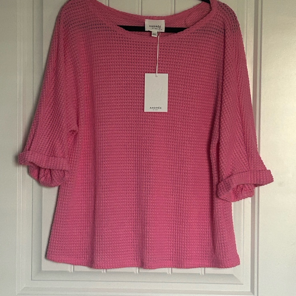 NWT Andree Pink Waffle Knit 3/4 Sleeve Top with Ruffle Cuffs